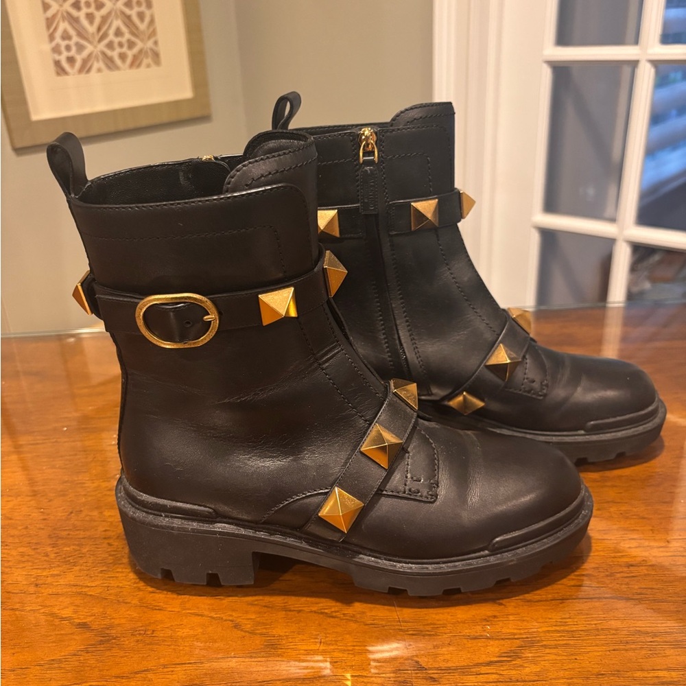 Valentino Garavani Roman Stud Calfskin Combat Boot with Gold Studs